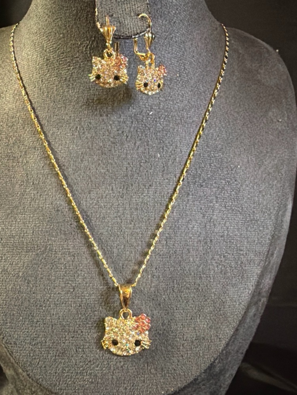 Gold-Tone Crystal Cat Pendant Necklace and Earrings Set - Pink Accent